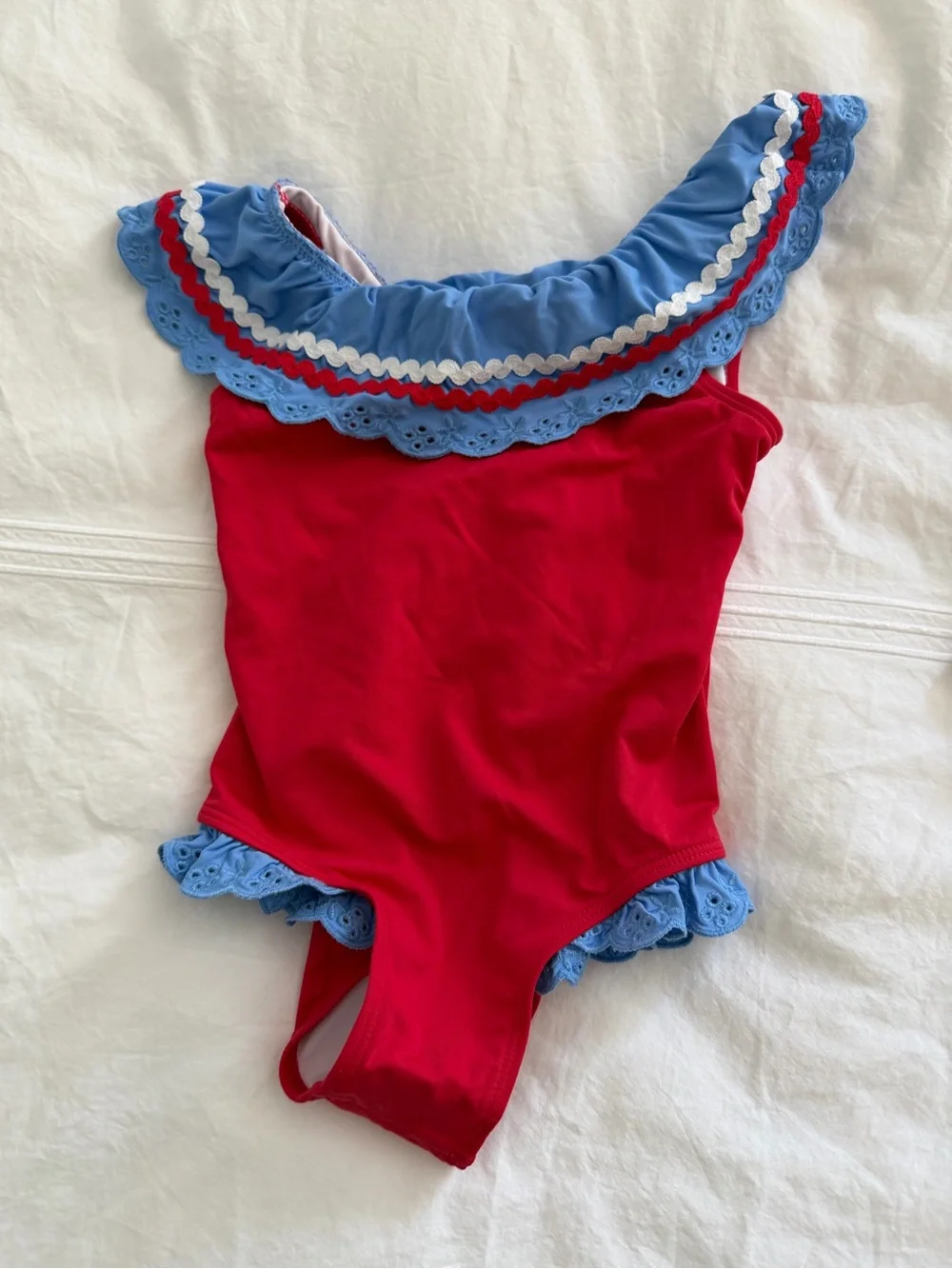 The Beaufort Bonnet Company Red One-Piece Swimsuit with Blue Ruffle Trim